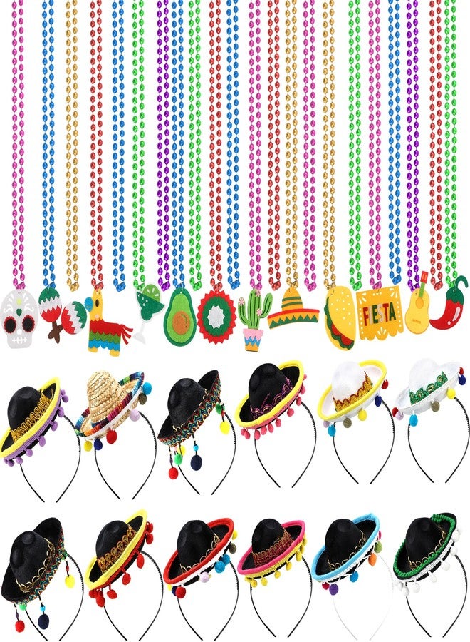 Sonarun 30 Pcs Cinco De Mayo Fiesta Party Favors Include 12 Mexican Sombreros Hats Headbands and 18 Cinco De Mayo Fiesta Necklaces for Mexican Cinco de Mayo Party Decorations Luau Fiesta Party Photo Props - Image 1